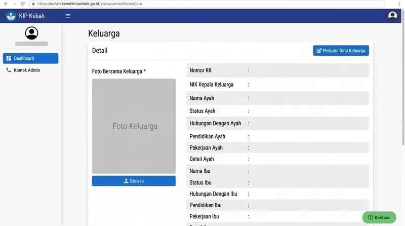 Pengisian detail dan foto keluarga siswa pemohon KIP Kuliah.