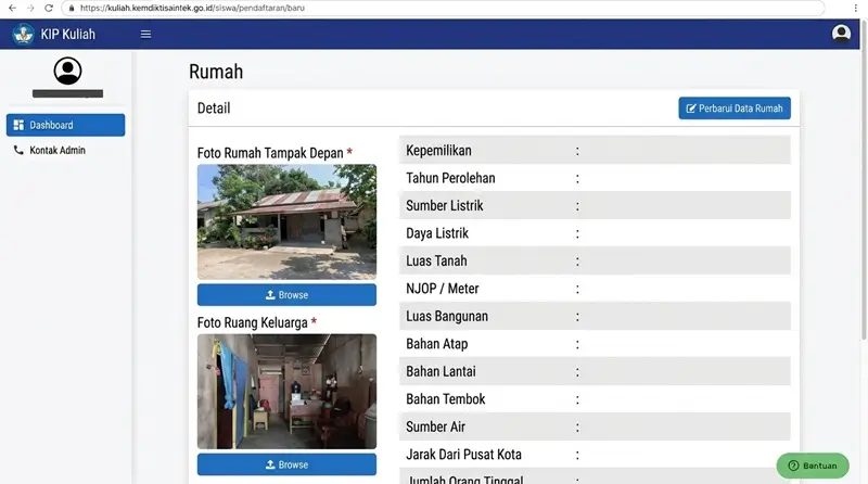 Pengisian detail kondisi rumah orang tua saat pengajuan KIP Kuliah.