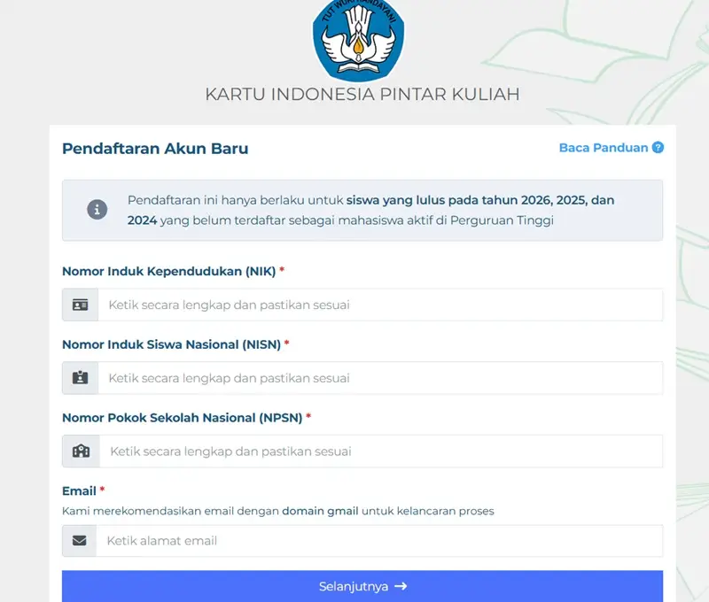 Formulir pendaftaran akun baru KIP Kuliah 2026.