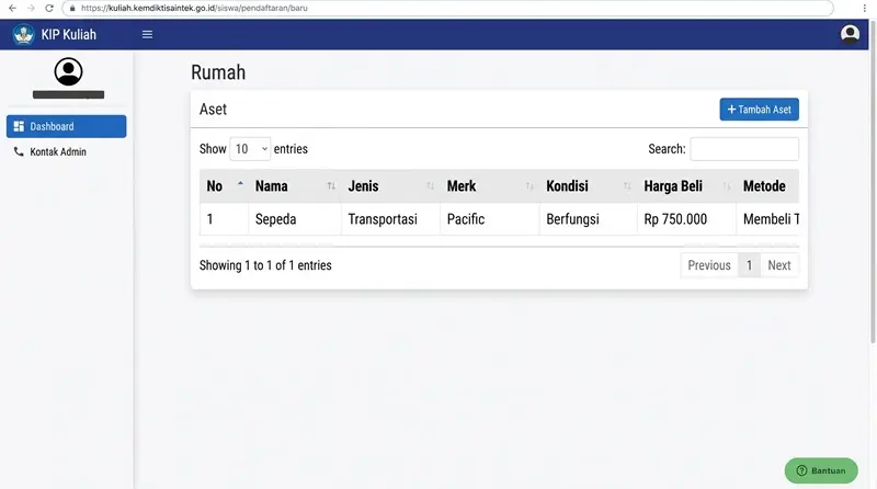 Pengisian informasi kepemilikan aset keluarga saat pengajuan KIP Kuliah.