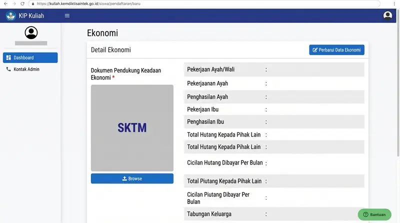 Pengisian kondisi ekonomi orang tua siswa pemohon KIP Kuliah.