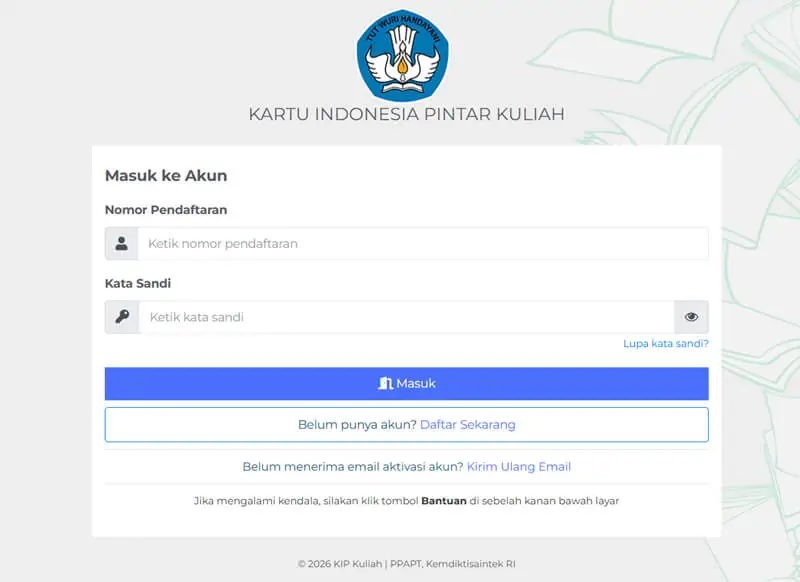 Login akun KIP Kuliah untuk melengkapi biodata pendaftar.