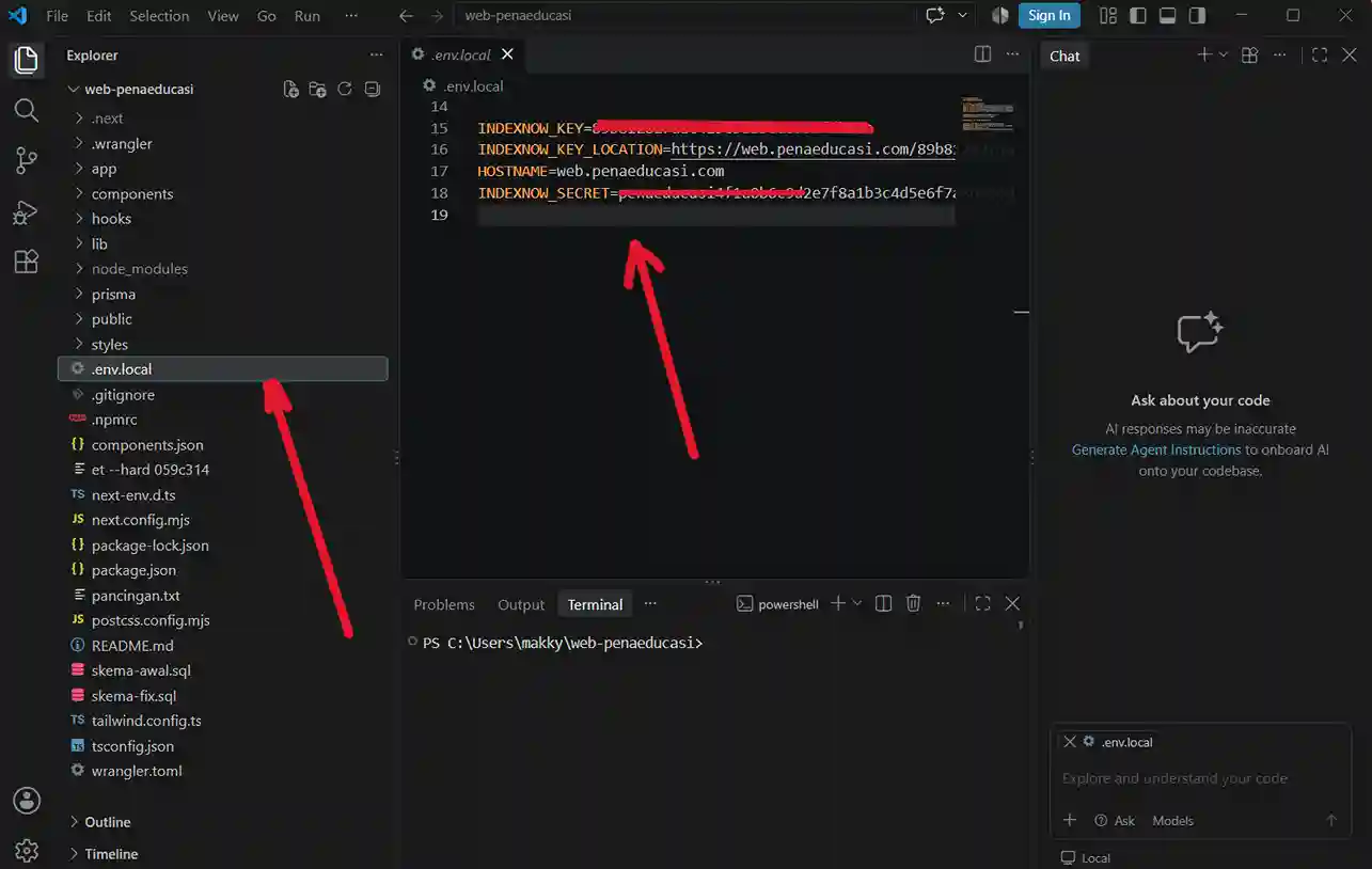 Pengaturan Indexnow Key di .env.local Vscode