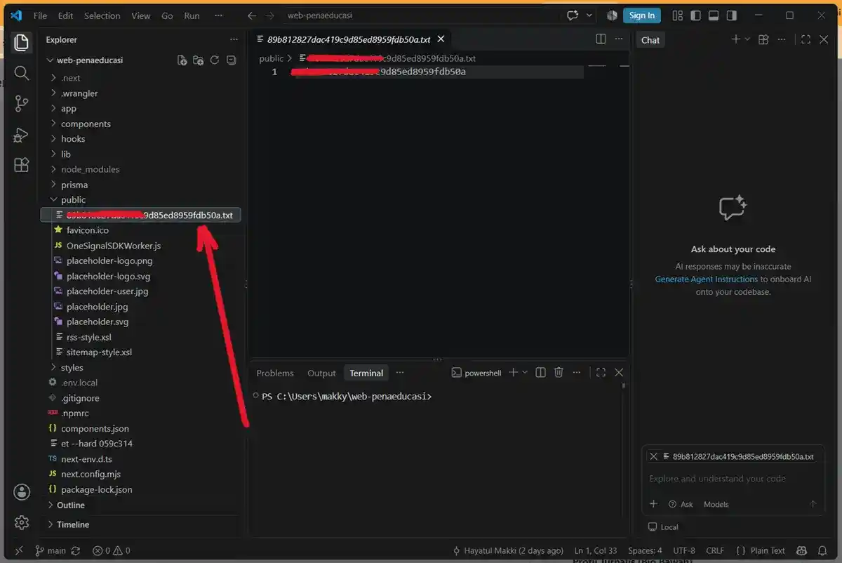 Lokasi penempatan file txt verifikasi Bing di dalam folder public Next.js