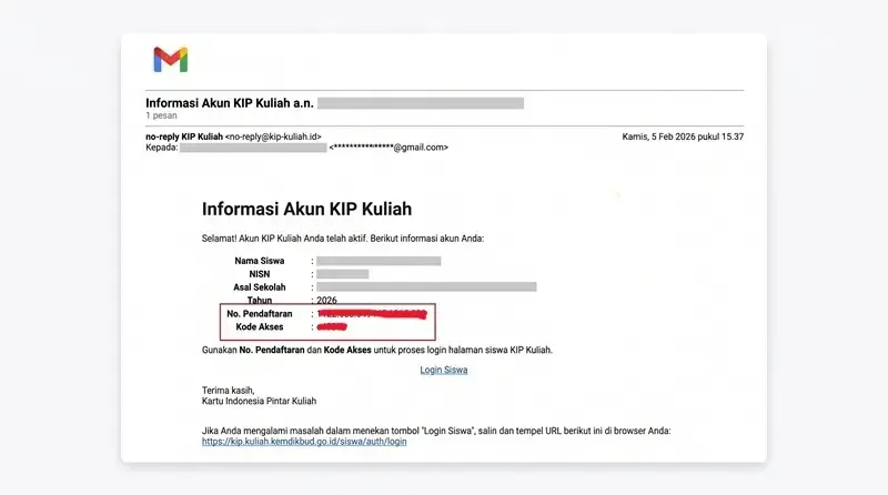 Informasi verifikasi pendaftaran dan kode akses login KIP Kuliah.