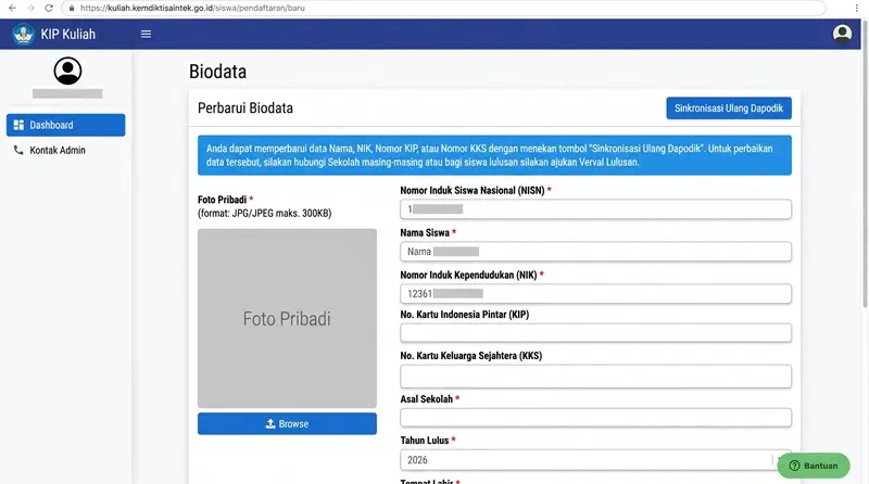 Pengisian biodata pribadi siswa pemohon KIP Kuliah.