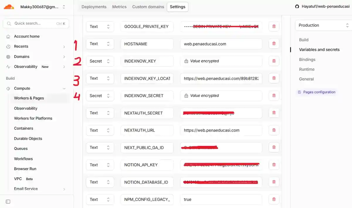 Pengaturan Environment Variables di dasbor Cloudflare Pages