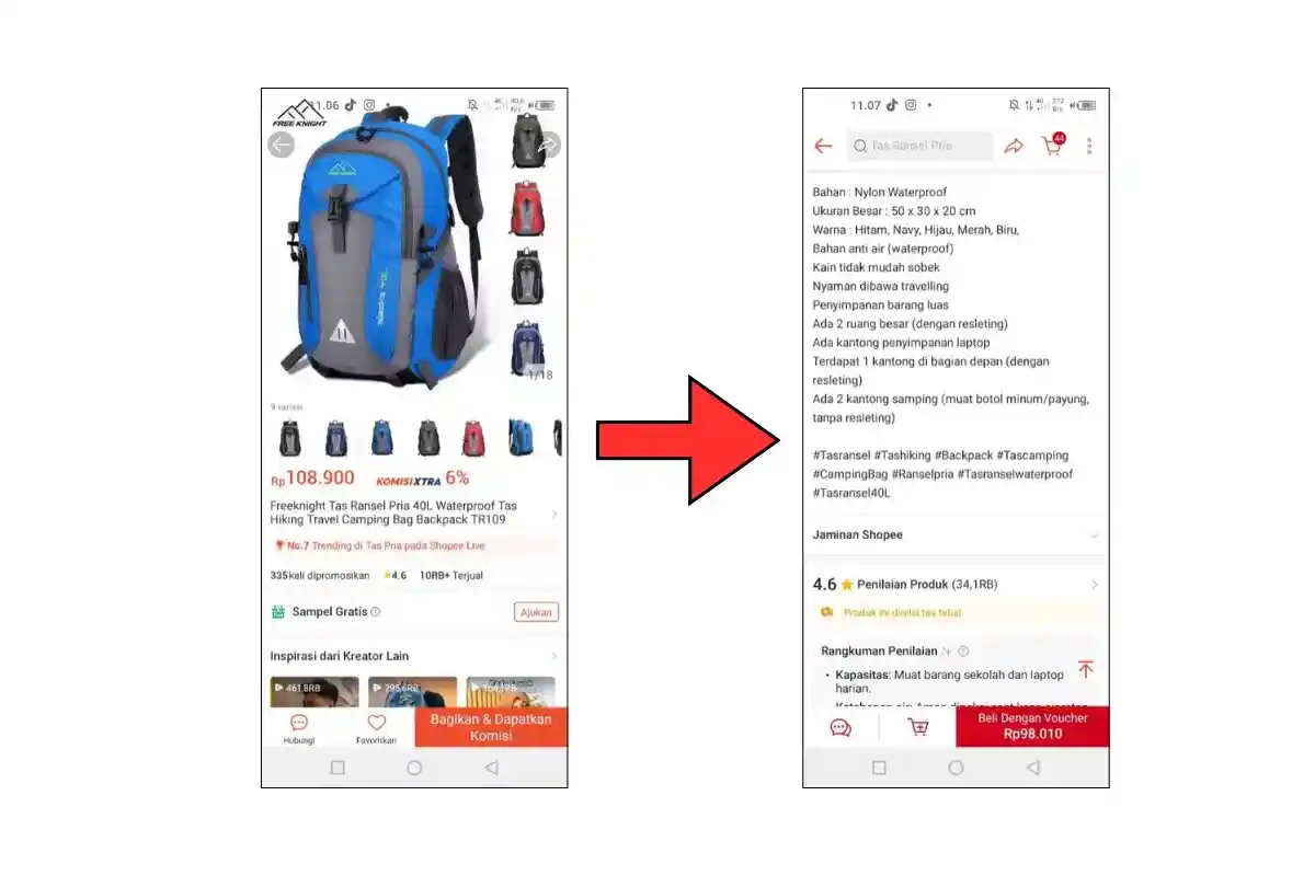 Tangkapan layar produk tas ransel Freeknight 40L TR109 dan deskripsi spesifikasi produk