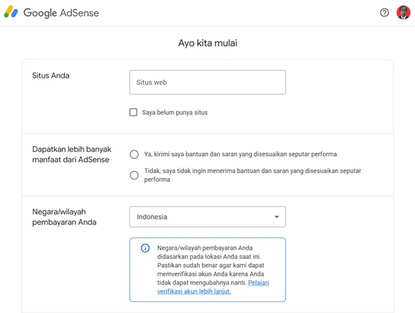 Halaman Pendaftaran Google AdSense