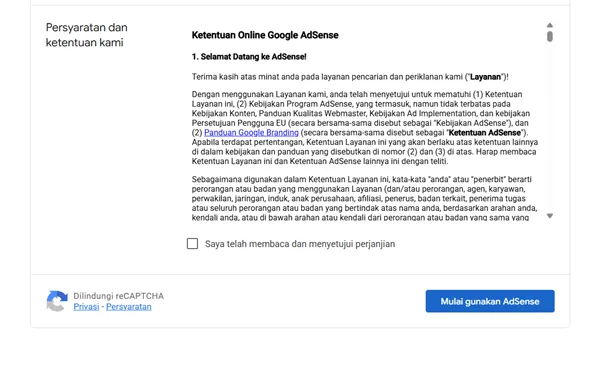 Halaman Pendaftaran Google AdSense