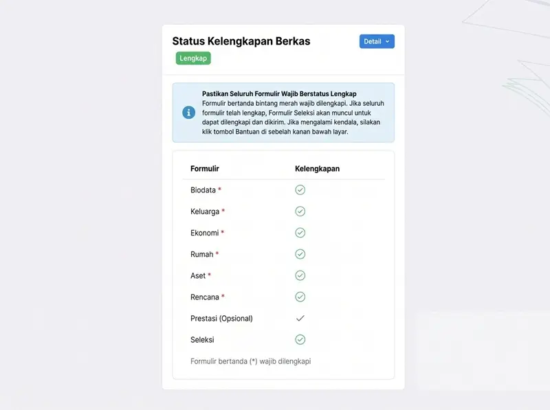 Status kelengkapan berkas pengajuan KIP Kuliah dengan indikator penyelesaian data.
