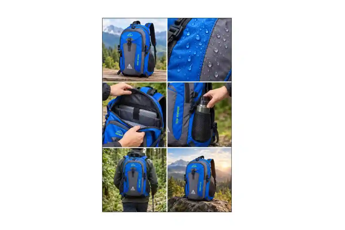 Storyboard enam adegan tas ransel Freeknight 40L yang menampilkan produk, tekstur bahan, kompartemen, kantong botol, penggunaan hiking, dan hero shot