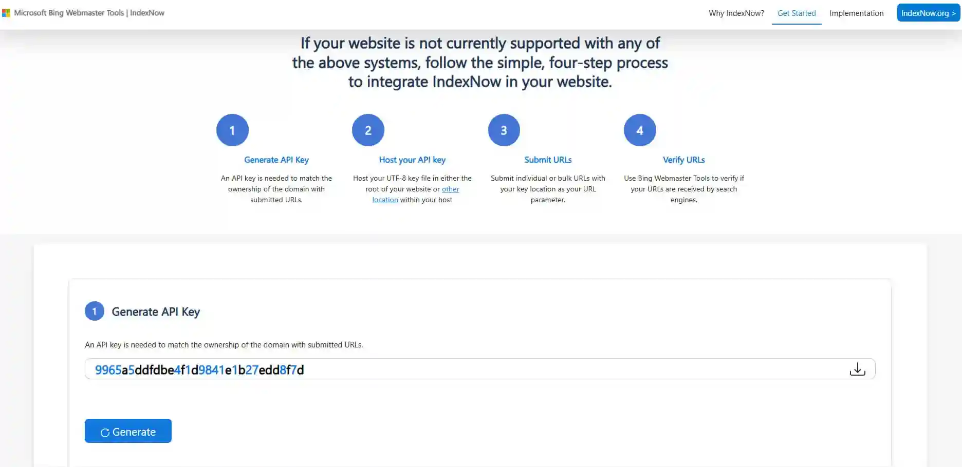 Tampilan tombol Generate API Key pada halaman IndexNow Bing